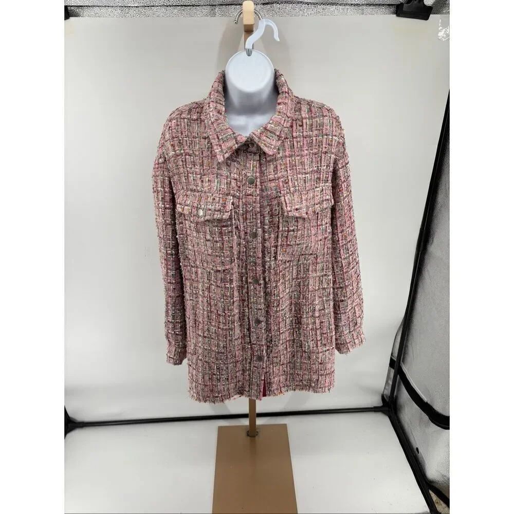 Avec Les Filles Pink Tweed Jacket Long Sleeve Button Front Womens Size L